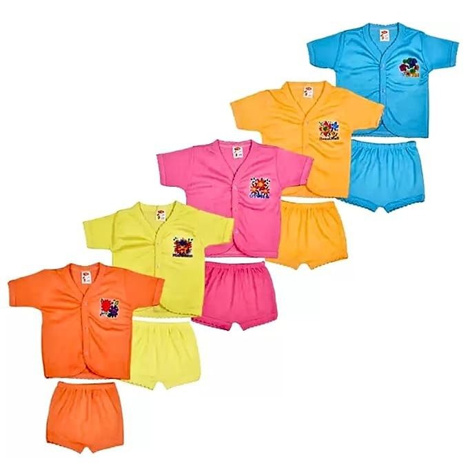 Fassify® New Born Baby Boy & Girls Stylish Trendy Jablas/Top/TShirt and Shorts Slv Dress set with Front Button Open. Pack of 5pc combo set (6-12 Months)(Multicolor)