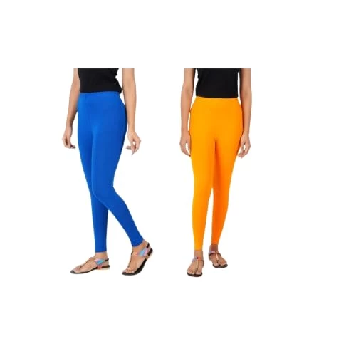 AULIKA Women's Bio-Wash Leggings, Made with 95% Cotton and 5% Spandex for Comfort, Flexibility, and Durability-Pack of 2 |  Orange::Royal Blue