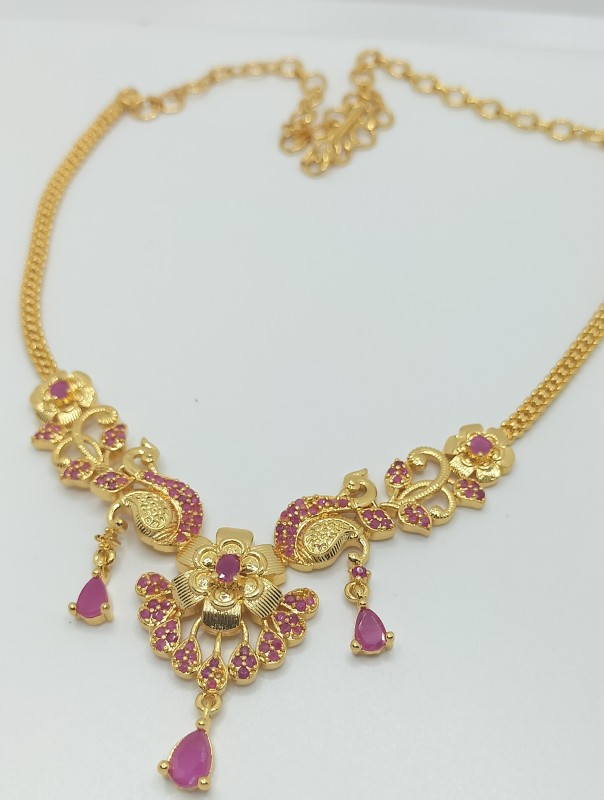 Graceful Latest Fastmoving Peacock Designer Gold Plated Ruby Pink AD Stones Necklace With Matching Earrings For Womens And Girls