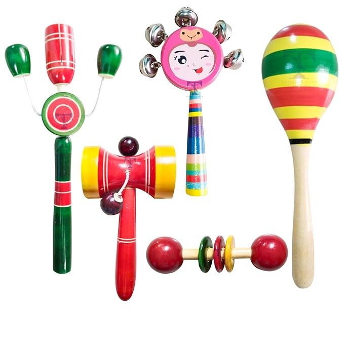 Nimalan's toys Colourful Wooden Baby Rattle Toy - Hand Crafted Rattle Set for Kids - Musical Toy for Newly Born - Wooden Teether for New Born Babies - Baby Teethers(Pack of 5)Tik S,Dumura,face,Egg rat