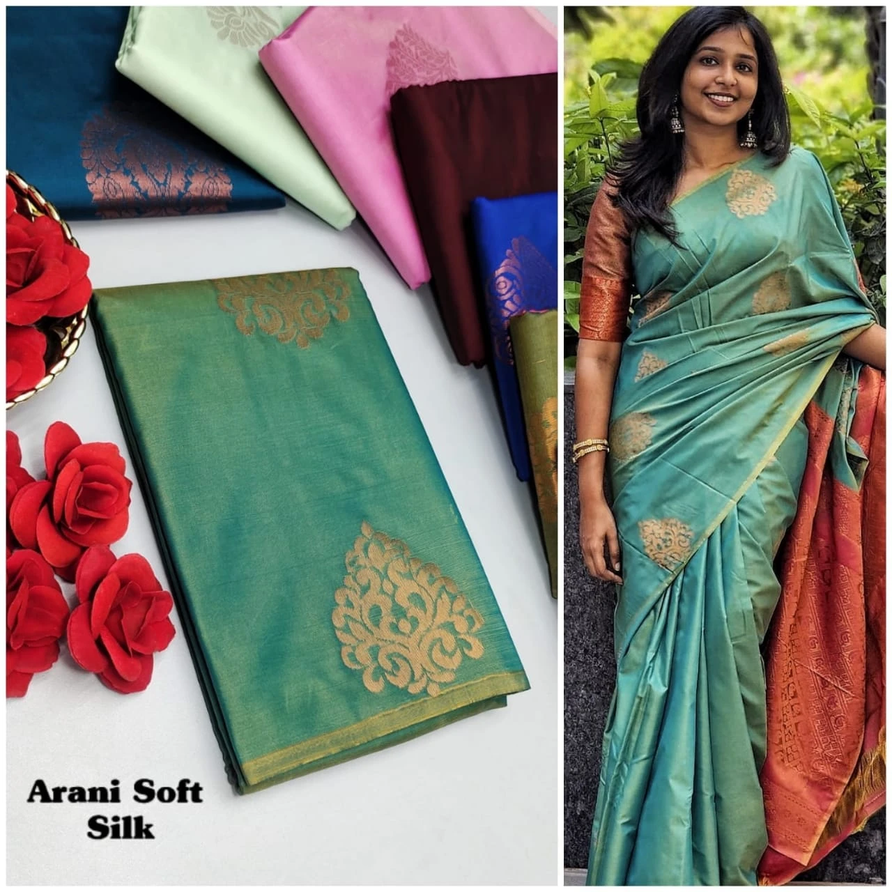 Kanjivaram Arani Soft Silk Saree - SVTS Elegand Medium Aquamarine | Traditional Indian Saree