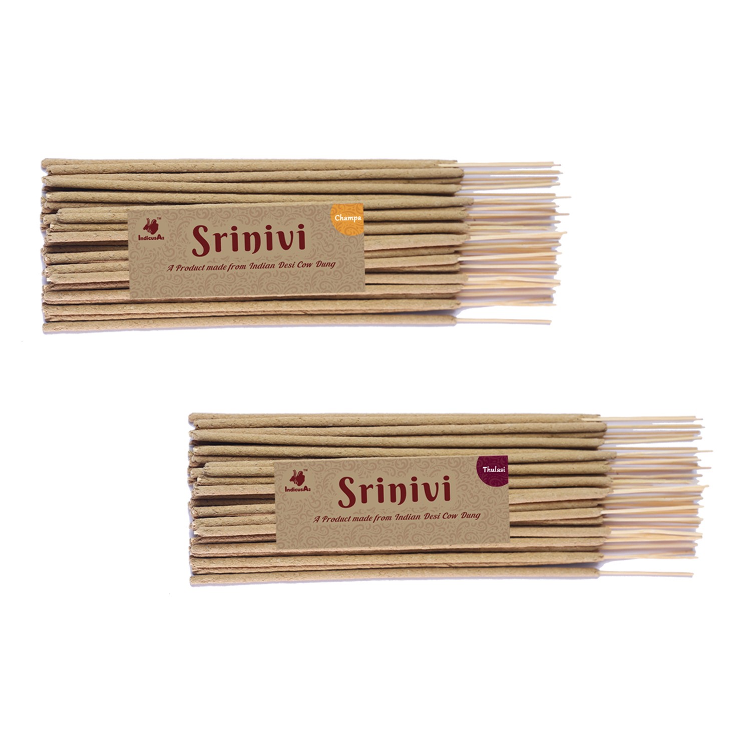 Srinivi Agarbattis - Made up of desi cow dung|Pack of 2|Each pack consists of 35 sticks|Fragrance – Champa, Thulasi.