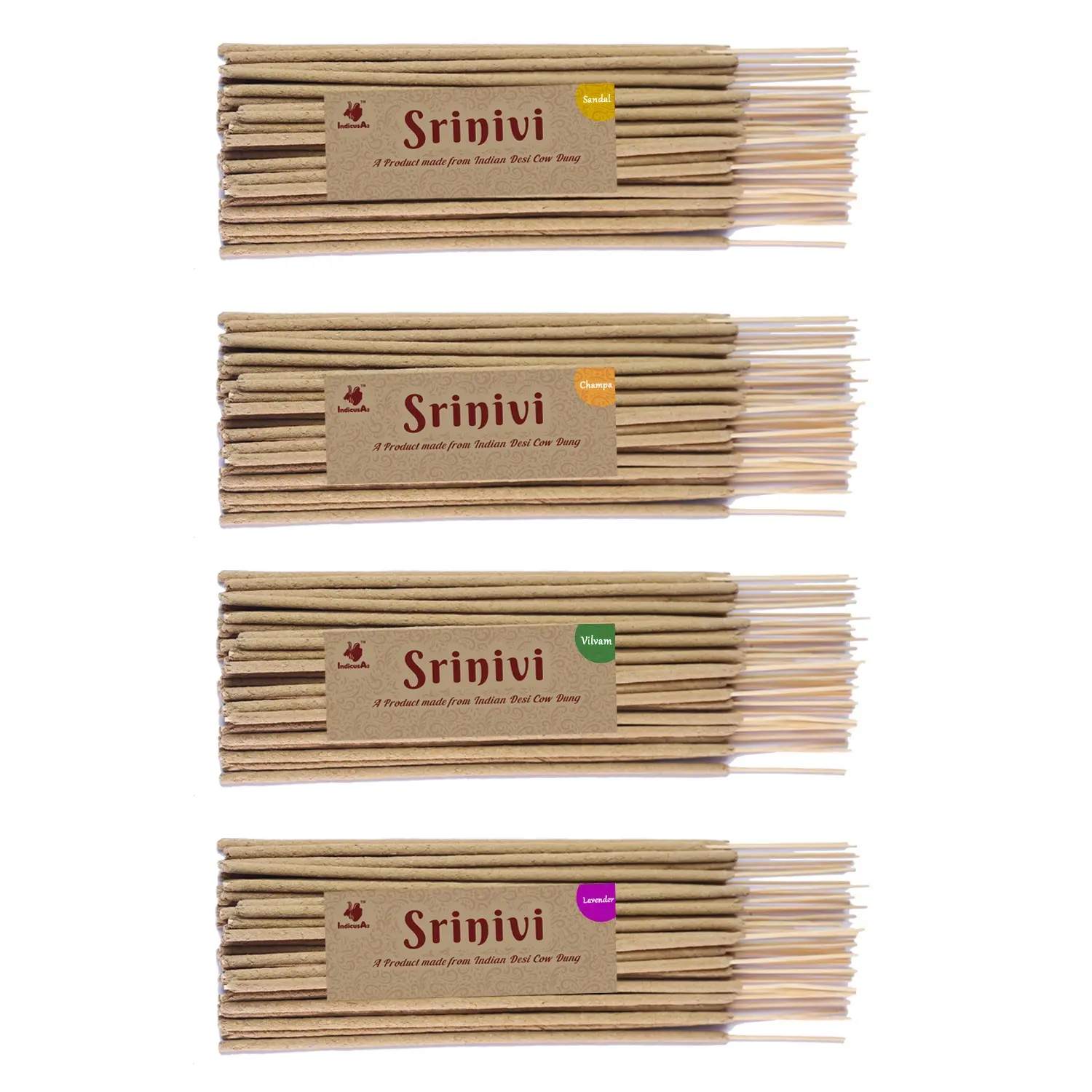 Srinivi Agarbattis - Made up of desi cow dung|Pack of 4|Each pack consists of 35 sticks|Fragrance – Sandal, Lavender, Champa, Vilvam.