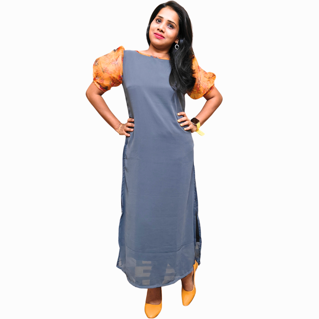 Thrinay collection Stylish Ethnic Straight Cut Pure Georgette Kurti Kurta Boat Neck Organza Puffed Sleeve Casual Regular Wear Jean Top for Women in Ash Grey Color