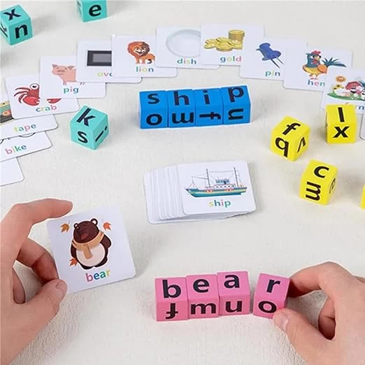 Spell The Word Game – Tin Letter Spelling Game for 3 4 5 Years Old Kids Puzzle Wooden Reading Blocks Matching Letter Game