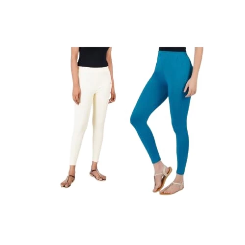 AULIKA Women's Bio-Wash Leggings, Made with 95% Cotton and 5% Spandex for Comfort, Flexibility, and Durability-Pack of 2 | Cream::Peacock green