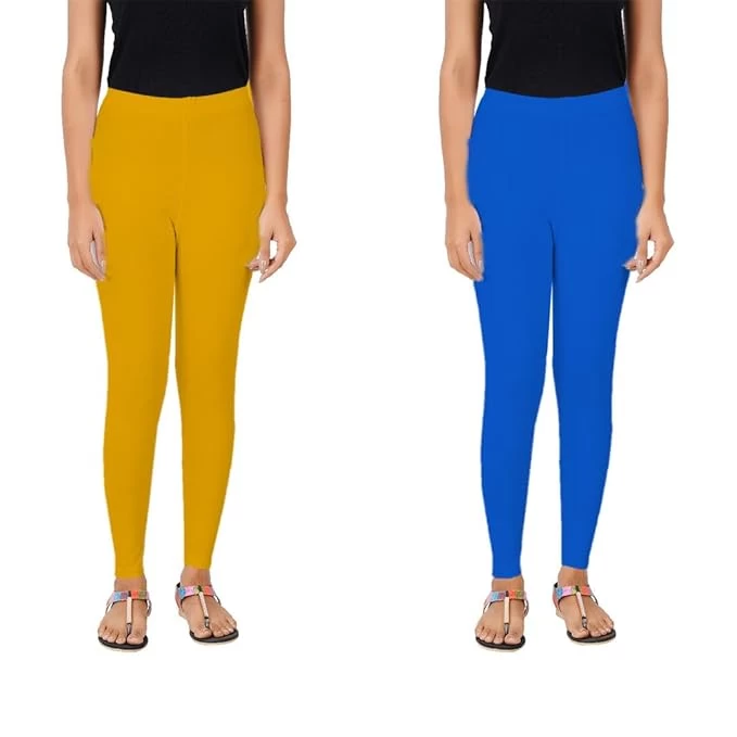 AULIKA Women's Bio-Wash Leggings, Made with 95% Cotton and 5% Spandex for Comfort, Flexibility, and Durability-Pack of 2 | Mustard And Royal Blue