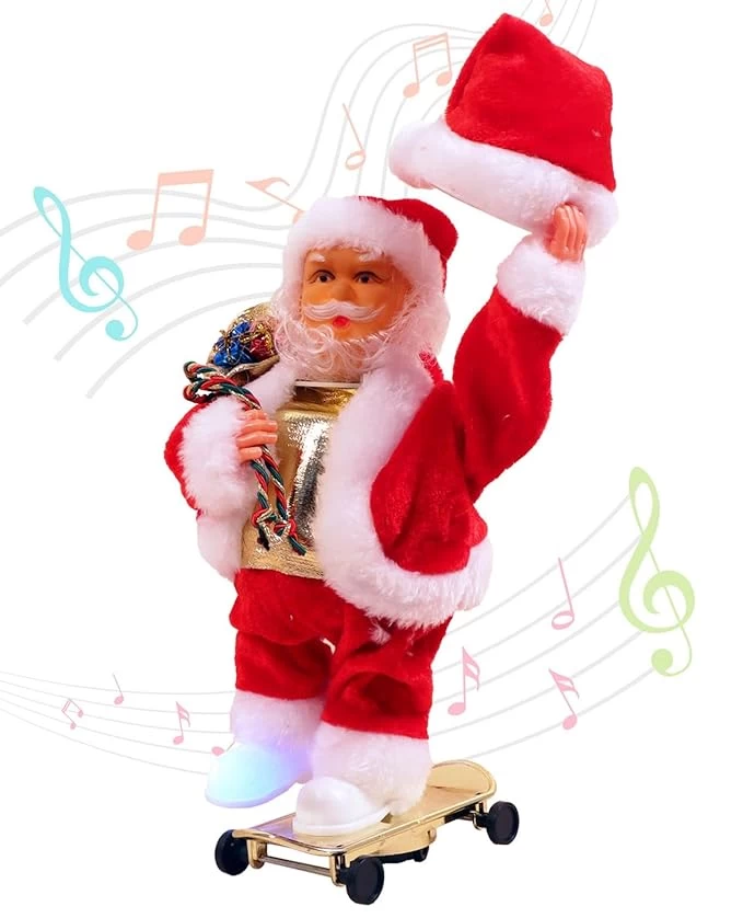 Skating Santa Claus with Gifts and Cap – Dancing Toy with LED Lights, Music, Swinging Leg, Perfect Christmas Gift for Kids, Holiday Party Decorations, and Festive Cheer (With Battery Included)