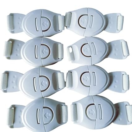 Baby Safety Cabinet Nylon Lock,Child Proofing Cabinet Lock/Latch for Cabinet,Drawer,Refrigerator,Toilet seat,Extra Adhesive 3M Tape, Adjustable Strap latches-( 8 Pieces)