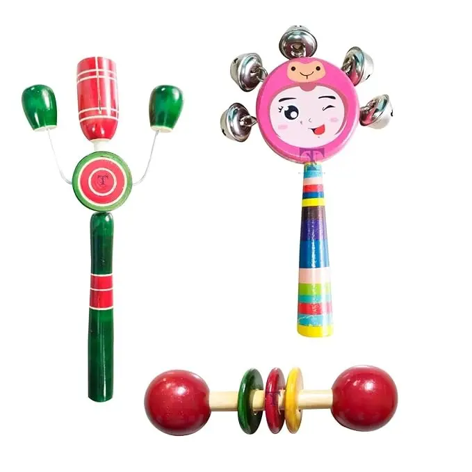 Nimalan's toys Colourful Wooden Baby Rattle Toy - Hand Crafted Rattle Set for Kids - Musical Toy for Newly Born - Wooden Teether for New Born Babies - Baby Teethers(pack of 3)Tik small, face rattle, t