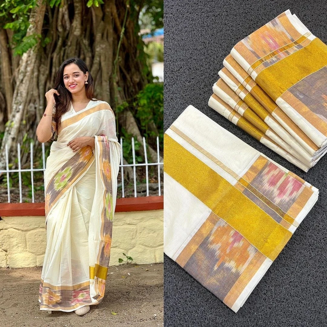 Kerala Kasavu Saree - Elegant White | Traditional Pochampally Border Soft Silk Saree