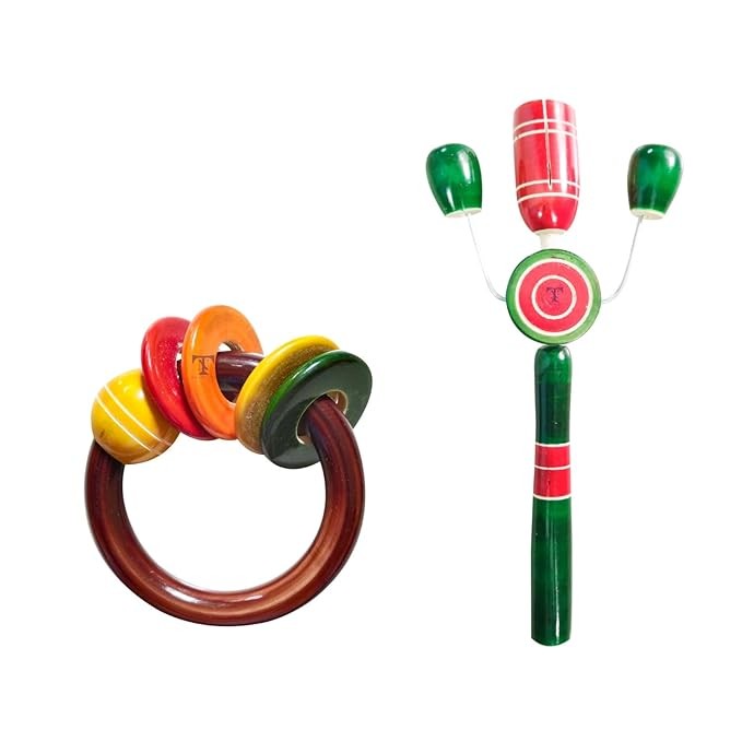 Nimalan's toys Colourful Wooden Baby Rattle Toy - Hand Crafted Rattle Set for Kids - Musical Toy for Newly Born - Wooden Ring Teether for New Born Babies - Baby Teethers (Pack of 2) Tik tik big, ring