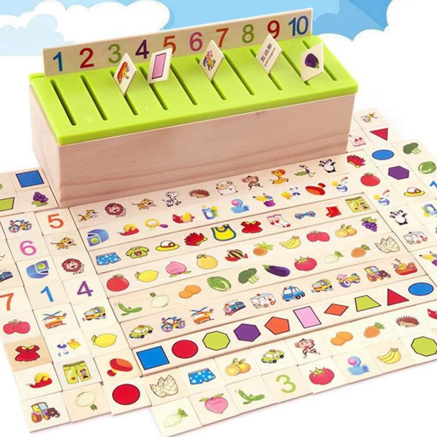 Knowledge Classification Box -(80 Pcs) Jigsaw Shapes Pairing,Counting,Construction Puzzle Wooden Knowledge Classifcation Box with Shapes