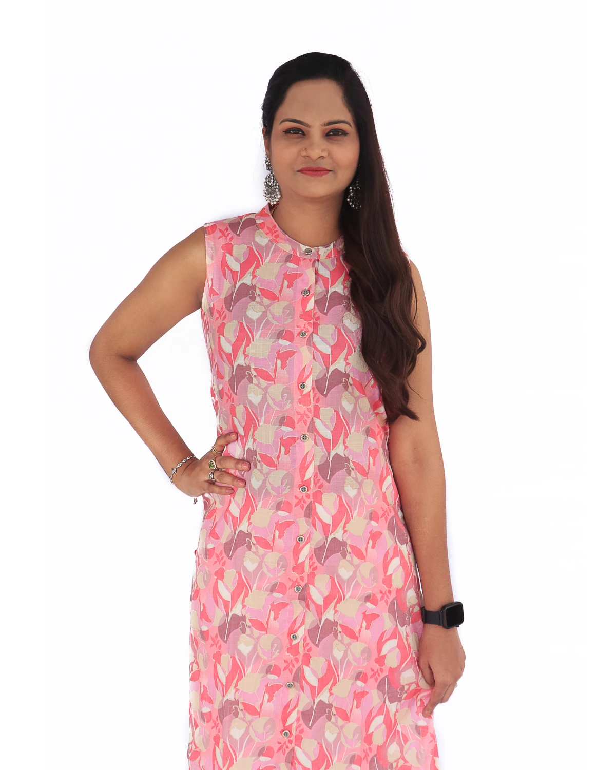 7Seas Divas Pink Base A-Line Button Down Sleeveless Rayon Kurta for Women – Stylish & Trendy Designer Kurta