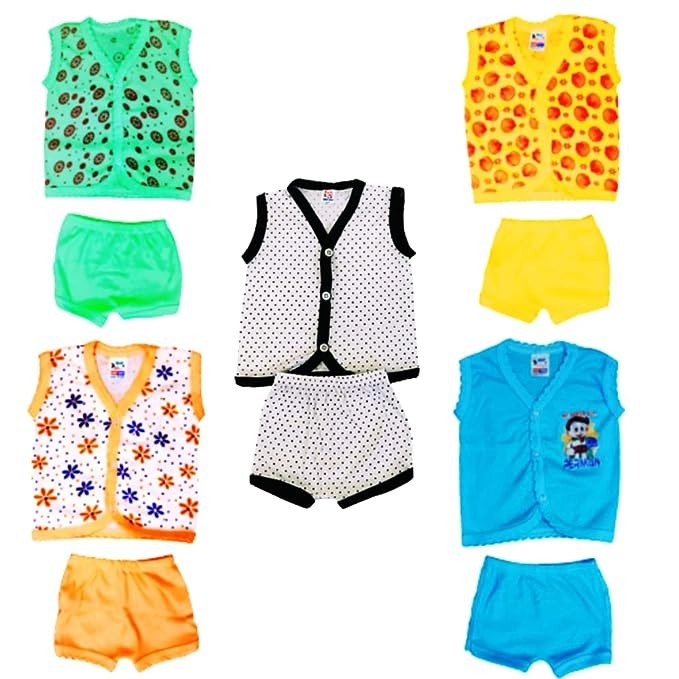 New Born Baby Boy&Girls Stylish Color Jablas/Top and Shorts Dress set&Stylish Jablas/T-Shirt and Shorts Dress set White Dot with Front Button Open. Pack of (4+1) 5pc Dress set (0-6 Months)