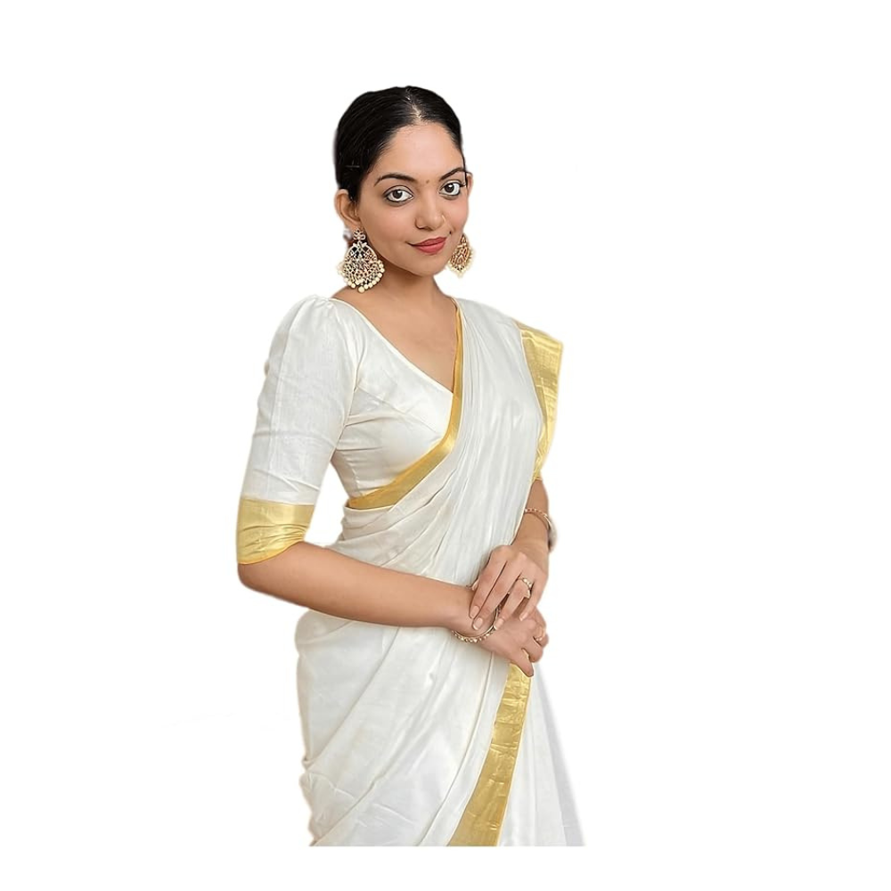 Women's Kerala Kasavu Chanderi Plain Cotton Saree With Blouse | Onam Saree