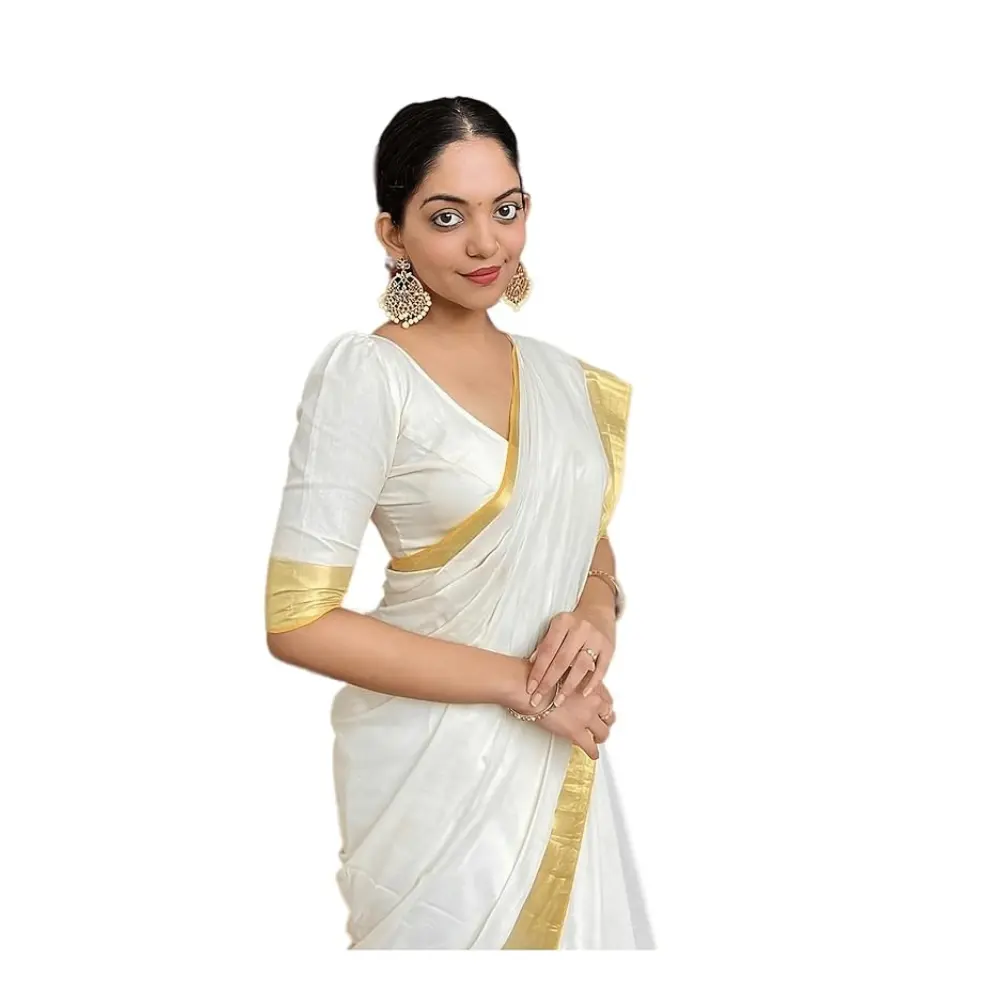 Women's Kerala Kasavu Chanderi Plain Cotton Saree With Blouse | Onam Kalyani Cotton Silk Saree Sarees for Women - Latest Trends & Styles | Buy Sarees at Best Prices