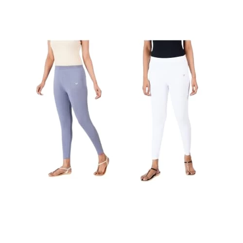 AULIKA Women's Bio-Wash Leggings, Made with 95% Cotton and 5% Spandex for Comfort, Flexibility, and Durability-Pack of 2 |  White::Steel Grey