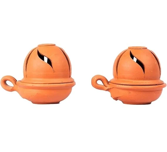 Arembi Traditiona Handmade Natural Earthen Terracotta Clay Big Size Diya with Air Prevent Safty Lid Diya for Daily Pooja Hand Made Clay diyas