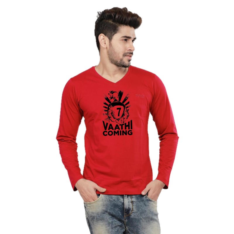 TouchMe Fashions men's cotton red Full hand v neck dhoni tshirts