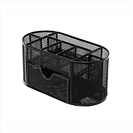 REDSL Mesh Stand Round Metal Stationary Organizer Desk for Office Table Pencil Pen Stand Daily Things Storage Holder with 9 Compartment Space (Pack of 1 | Black)