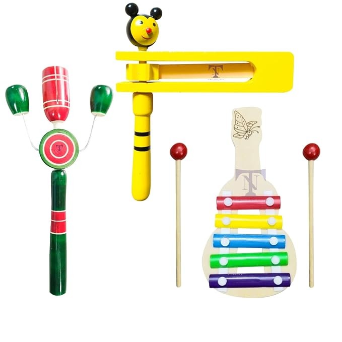 Colourful Rattles and Xylophone Toys for Kids - Non-Toxic Attractive Rattle for New Born (Pack of 3) TIK TIK Big, wara wara Rattle, xyolophone (Colour May Vary)