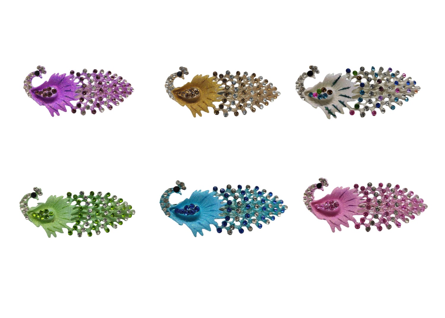 COLLECTIVE ZONE Peacock Design Stone Hair Back Clip center crystal rhinestone hair clip Multicolour large size (6 pices COMBO PACK}