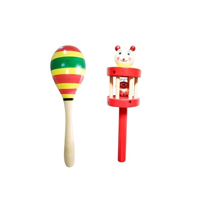 Nimalan's Toys Colourful Wooden Baby Rattle Toy - Hand Crafted Rattle Set for Kids - Musical Toy for Newly Born (Pack of 2) Egg, cage Rattle