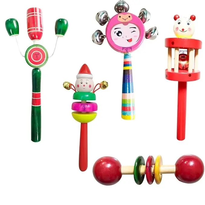 Nimalan's Toys Colourful Wooden Baby Rattle Toy - Hand Crafted Rattle Set for Kids - Musical Toy for Newly Born - Pack of 5(face,cage,2bell,TIK S,teether spl)