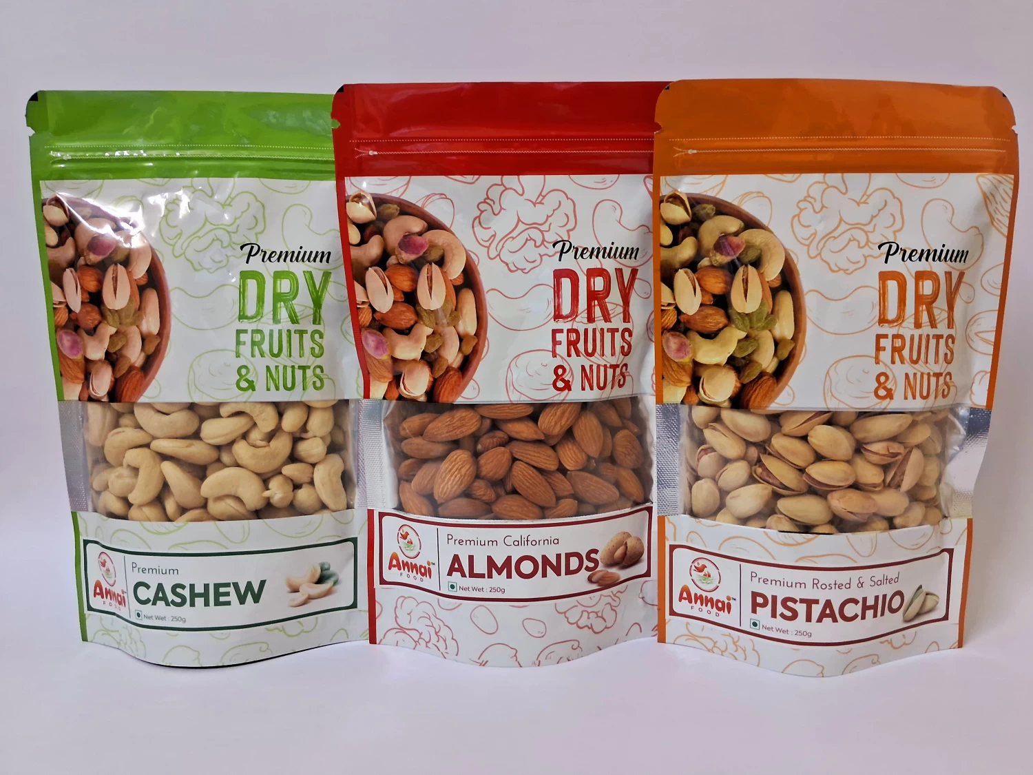 Annai Food Festival Celebration Dry Fruits Combo Pack 750gm (250g X 3) Pouch Pack - California Almonds, Cashews, Roasted Salted Pistachios - Healthy Snack