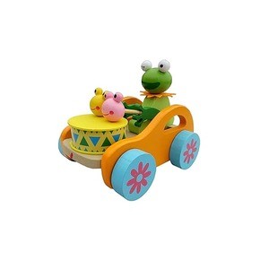 RenzMart - Wooden Musical Pull Along Toy Cute Frog Drumming Pull Along Car with Attached String
