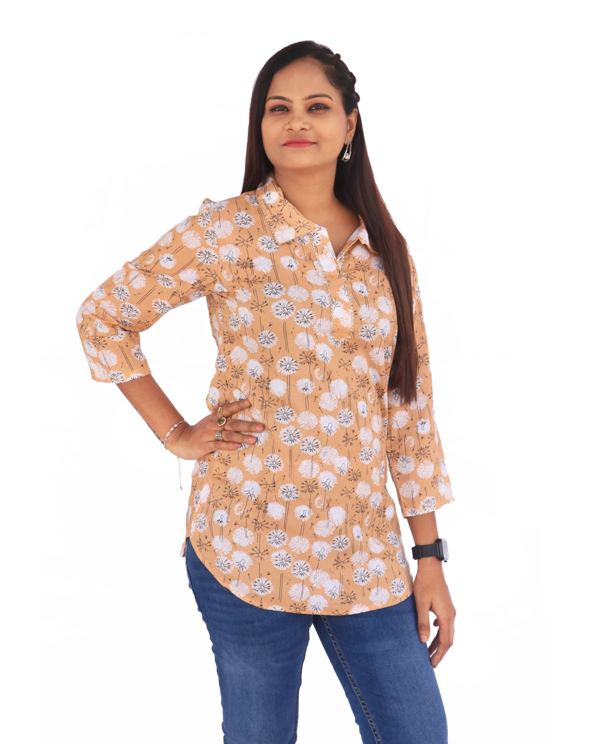 7Seas Divas Peach Pink Collar Hip-Length Top – Perfect for Jeans, Office, College & Casual Outings