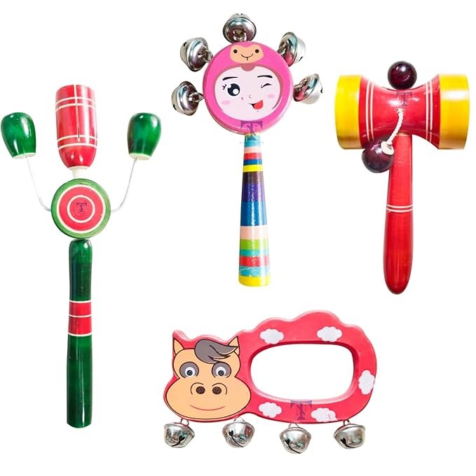 Nimalan's Toys Colourful Wooden Baby Rattle Toy - Hand Crafted Rattle Set for Kids - Musical Toy for Newly Born - Pack of 4(TIK B, Hand, face, dumura Rattle)