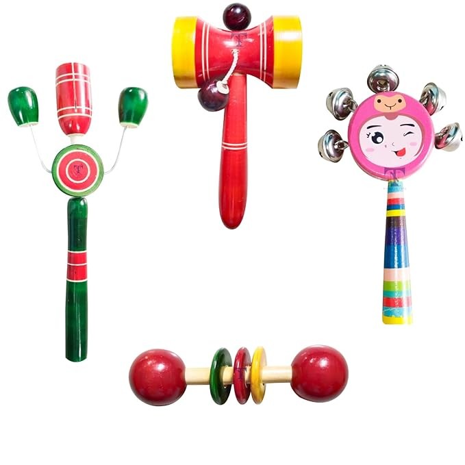 Nimalan's toys Colourful Wooden Baby Rattle Toy - Hand Crafted Rattle Set for Kids - Musical Toy for Newly Born - Wooden Teether for New Born Babies - Baby Teethers(pack of 4)Tik S, face, dumura rattl