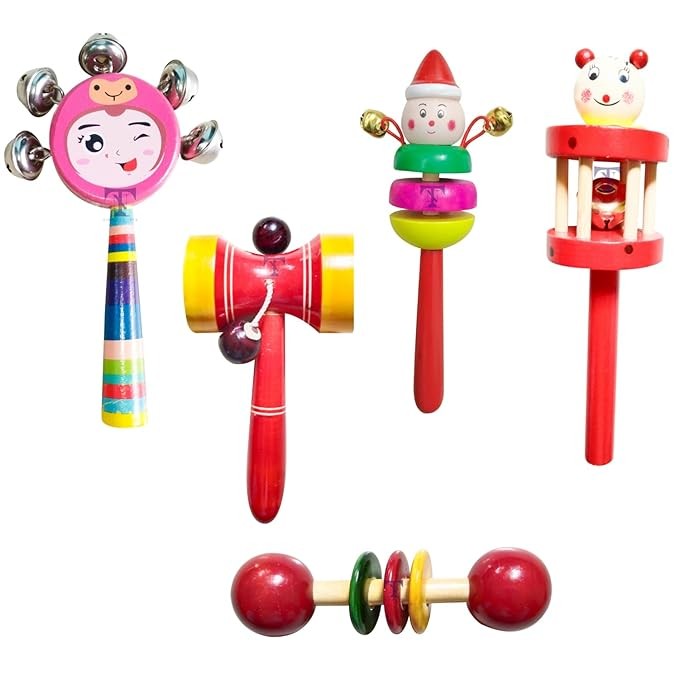 Nimalan's Toys Colourful Wooden Baby Rattle Toy - Hand Crafted Rattle Set for Kids - Musical Toy for Newly Born - Pack of 5(cage, face, 2bell, dumurga, teether spl)