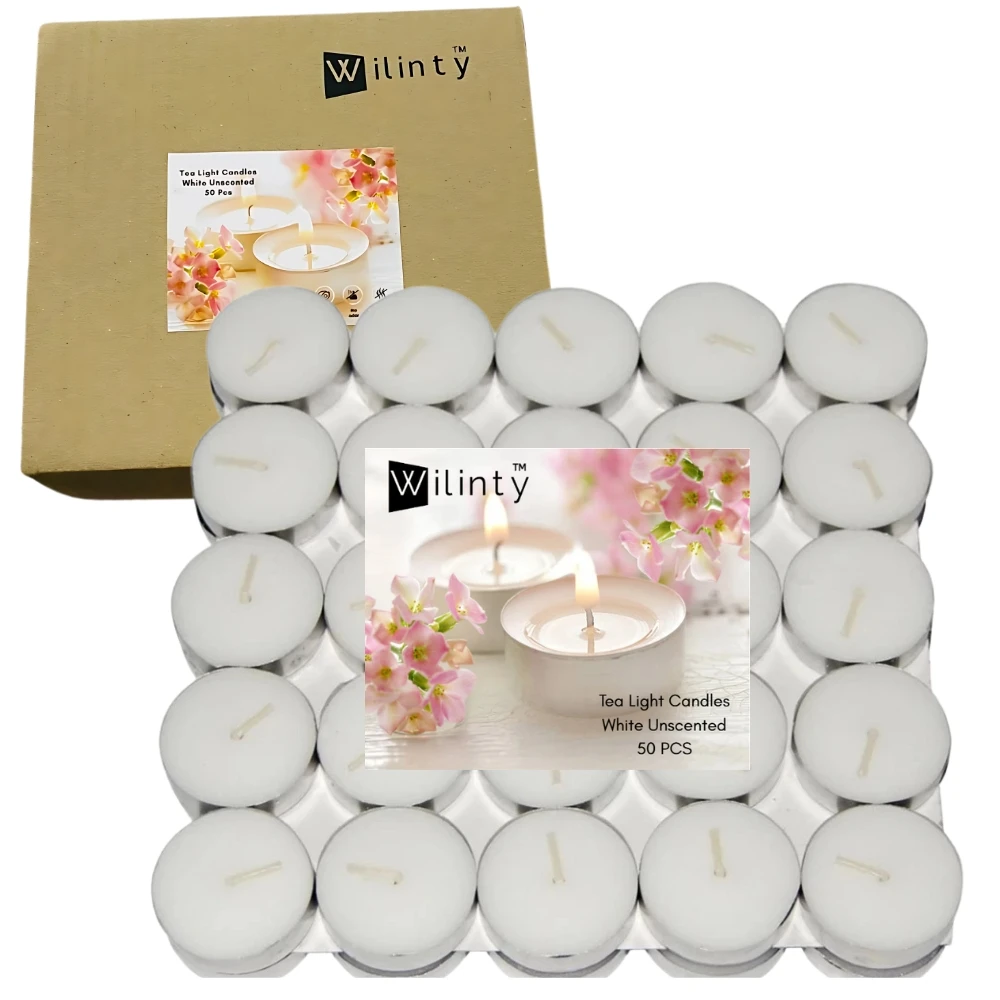 Wilinty Pack of 50 Premium Tealight Candles for Decoration | 6 Hours Long Burning Smokeless Candles|Unscented Wax Candles for Home Ambiance, Events, Parties,  Weddings & Holiday Décor | No Residue