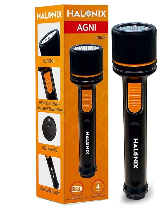 Halonix Plastic 3w Add-on Agni Rechargeable Emergency Led Torch With Usb Charging, High Beam-low