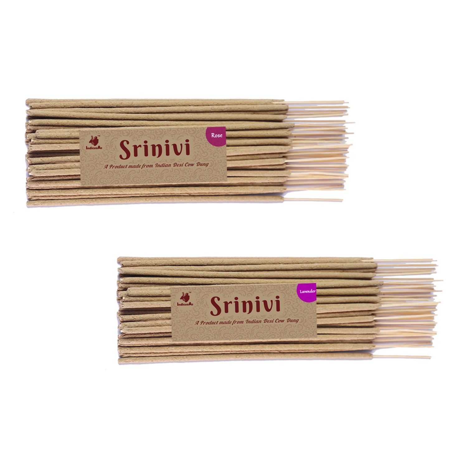 Srinivi Agarbattis - Made up of desi cow dung|Pack of 2|Each pack consists of 35 sticks|Fragrance – Rose, Lavender.