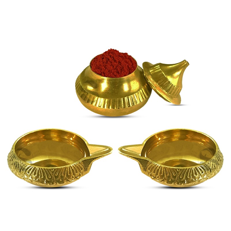 Brass Kubera Diyas with Kumkum Chimil (Pack Of 3) 2.5 inches height