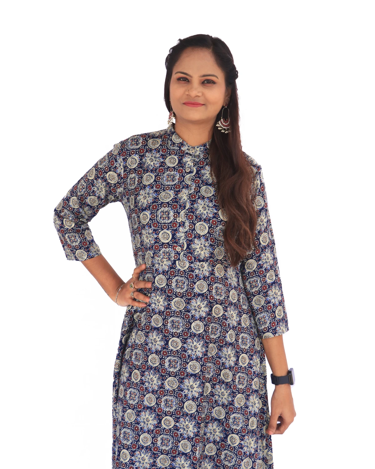 7Seas Divas Navy Blue base A-Line Collar Kurta with 3/4th Sleeve – Designer Rayon Straight Kurta for Women