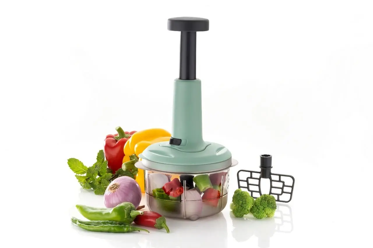 ARUGAR Push Chopper for Vegetables, Fruits, Spices , Farshan and Etc., Blend: Butter Milk, Lassi, Dal, Etc., Hand Press Chopper with Stylish Locking System. Extra Sharp 3 S. S. Blade + 1 Heavy Plastic