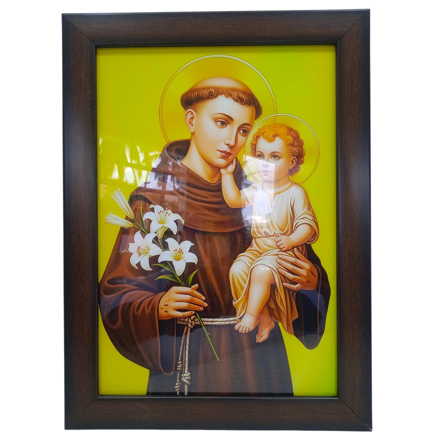Framed Saint Anthony with Baby Jesus, Brown Fiber Frame, 25 × 34 cm, Acrylic Glass Protected
