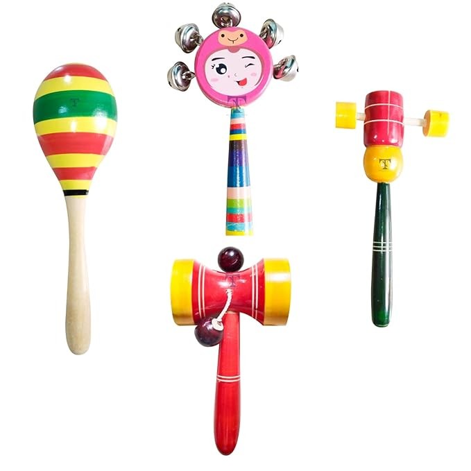 Nimalan's toys Colourful Wooden Baby Rattle Toy - Hand Crafted Rattle Set for Kids - Musical Toy for Newly Born (pack of 4) Egg rattle, face rattle, damaru rattle, face tik tok rattle (Colour May Vary