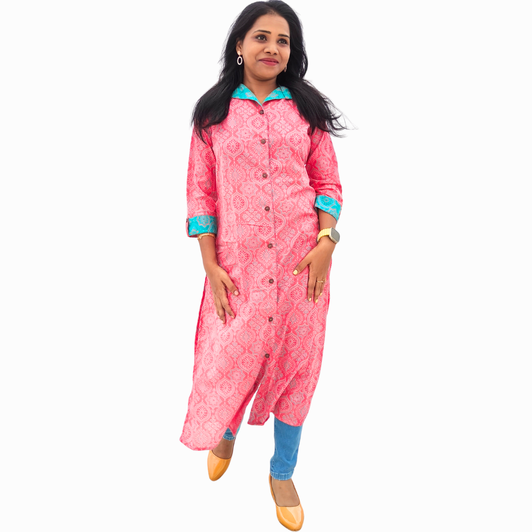 Bimba Designer Angrakha Style Cotton Kurta Long A-Line Kurti Dress Indian  Women Cusom Clothing - Walmart.com