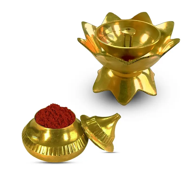 FANCY BRASS LOTUS DIYA WITH KUMKUM CHIMIL (PACK OF 2) 2.5 INCHES HEIGHT