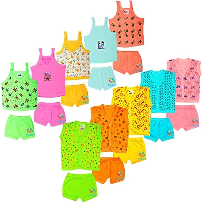 Fassify® New Born Baby Boy&Girls Stylish Classic Trendy Jablas/Topand Shorts Dress set with Front Button Open&Tank Top with Tie-Knot and Shorts Dress set. Pack of 20 PC (0-6 Months) (Multicolor)