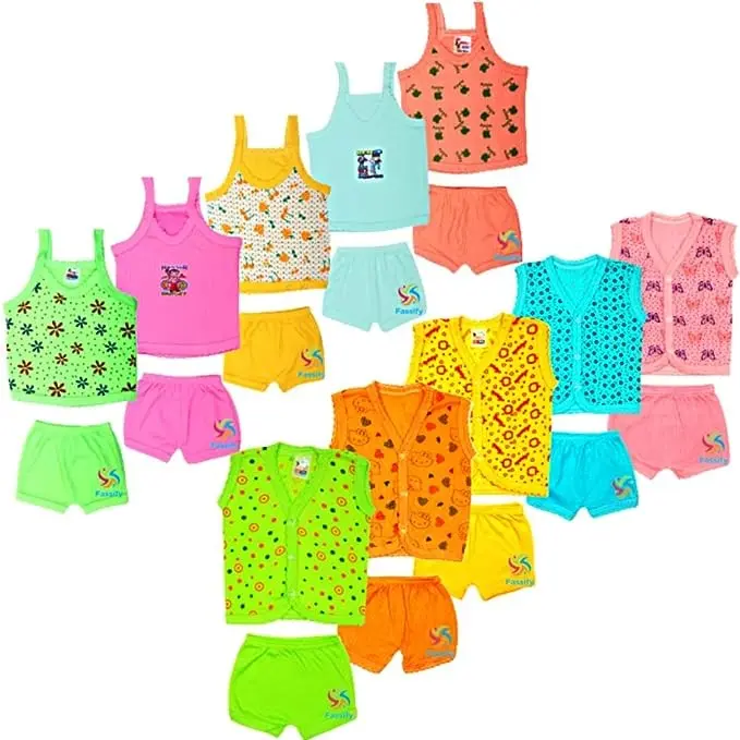 Fassify® New Born Baby Boy & Girls Stylish Classic Trendy Jablas/Top and Shorts Dress set with Front Button Open &Tank Top with Tie-Knot and Shorts Dress set. Pack of 20 PC (0-6 Months) (Multicolor)