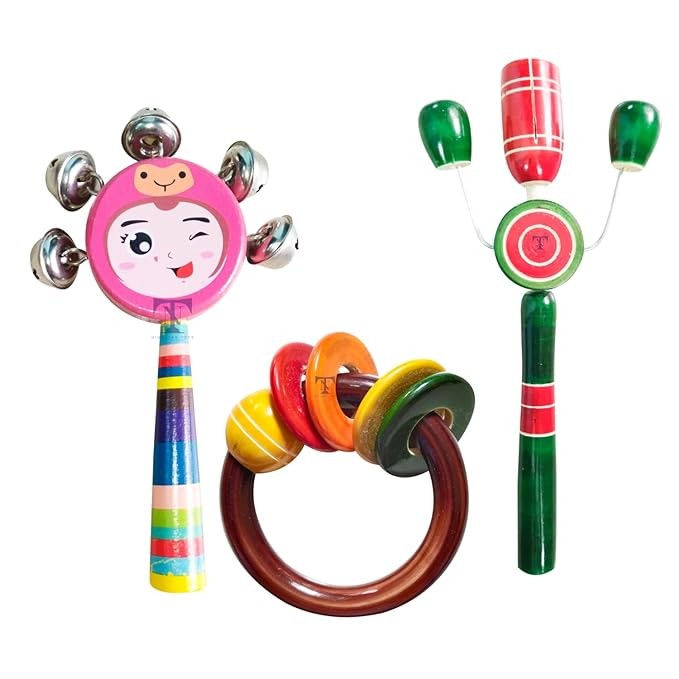 Nimalan's toys Colourful Wooden Baby Rattle Toy - Hand Crafted Rattle Set for Kids - Musical Toy for Newly Born - Wooden Ring Teether for New Born Babies - Baby Teethers(pack of 3)Tik big, face rattle