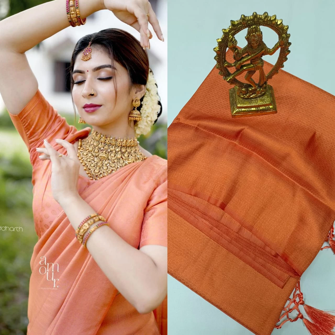 Elegant Dark Orange Saree : Traditional Kanjivaram Fabulous Soft Silk Fabric With Copper Jari and Rich Grand Pallu Indian copper Saree