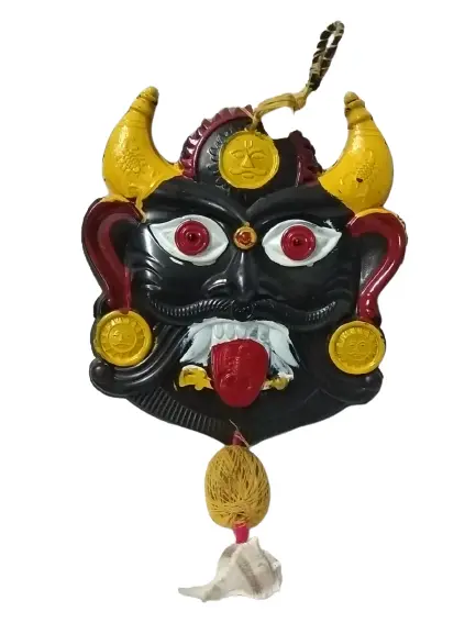 Simsnura Battu Disti Bomma with coconut| Wall Hanging Face Nazar Battu Fiber Evil Eye Protector|  use home Entrance Nazar kavach Hand Made Religious Mitti Oil Paint Nazar Battu Bhoot (Black)  11x10 in